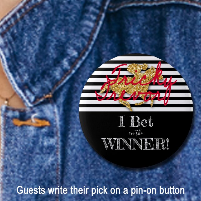 Derby Bet Gold Racehorse on Black Stripes 2 Inch Round Button (Give your guests a red pen and a pin-on button to write their derby winner pick.)