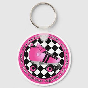 Derby Chicks Roll With It - Hot Pink Black White Keychain