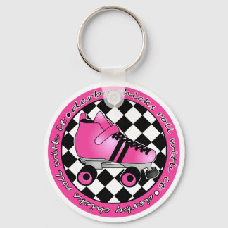 Derby Chicks Roll With It - Hot Pink Black White Keychain