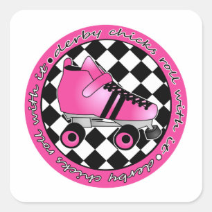 Derby Chicks Roll With It - Hot Pink Black White Square Sticker