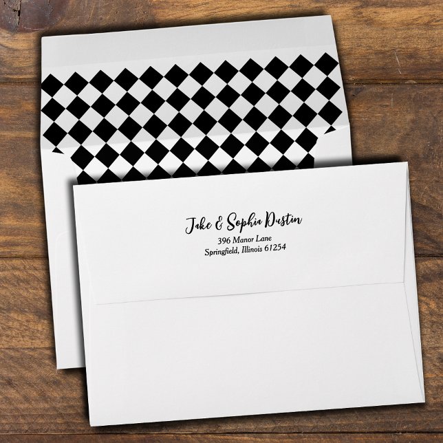 Derby Day Diamond Check Pattern Envelope (Derby day black and white diamond check lined envelopes with FREE return address on the back flap)