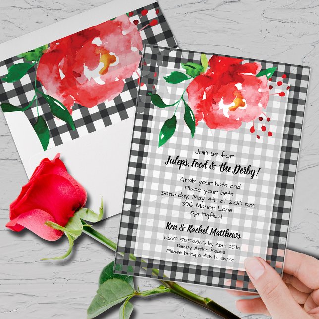 Derby Day Red Rose on Gingham Acrylic Invitations (Derby day party clear acrylic invitations with red rose on black and white gingham and your details)