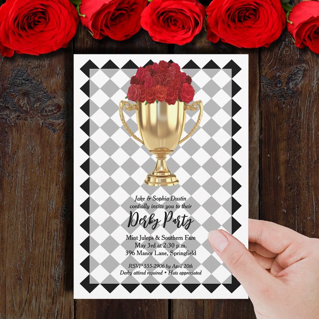 Derby Day Trophy and Roses Invitation (Derby Day trophy and red roses on diamond checks invitations - PRINTED and/or INSTANT DOWNLOAD)