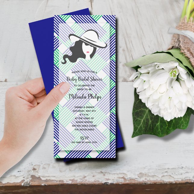 Derby Hat Bridal Shower Blue Green Invitation (Derby hat bridal shower blue and green diagonal stripes invitations)