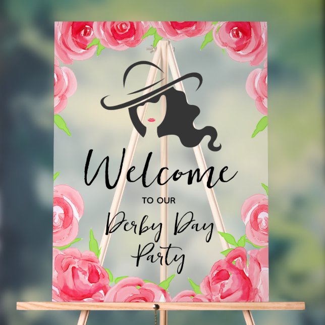 Derby Hat Lady Silhouette and Roses Welcome Acrylic Sign (Neutral)