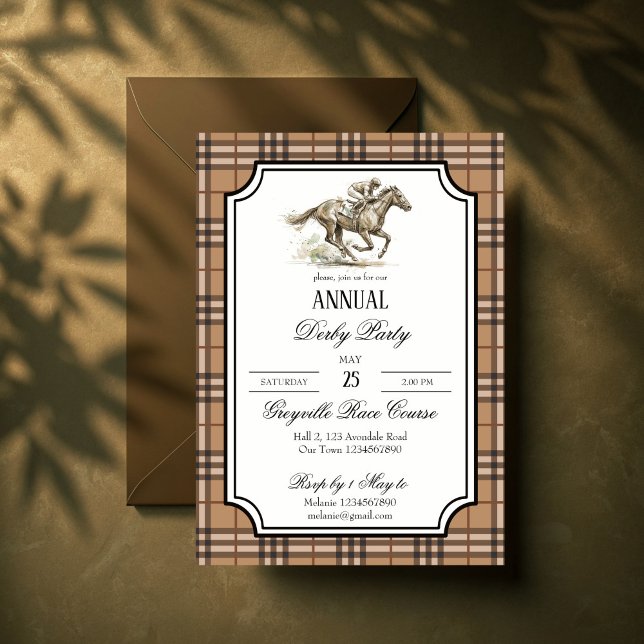 Derby horse racing party elegant gingham invitation (Derby horse racing party elegant brown gingham invitation cards template equestrian party invites)