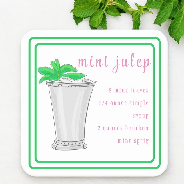 Derby Mint Julep Bar Recipe Preppy Border  Square Paper Coaster (Creator Uploaded)