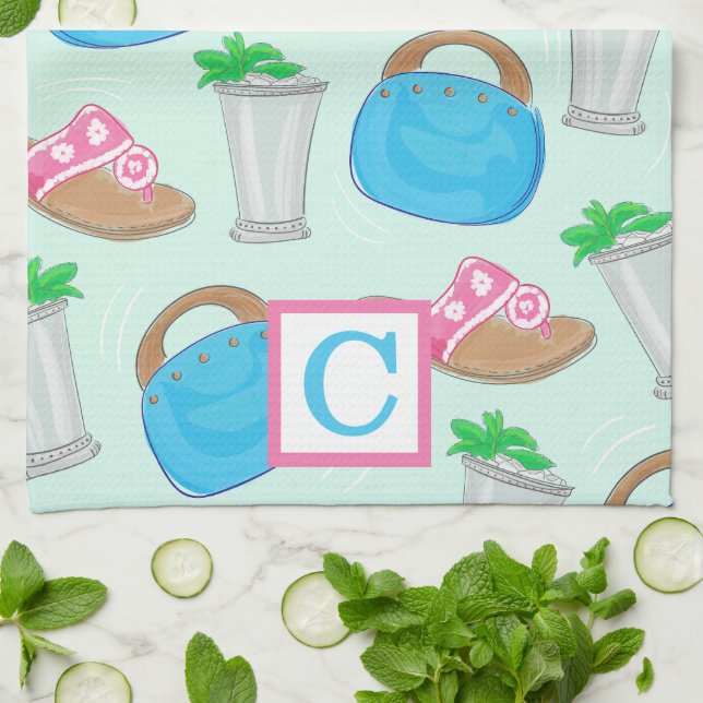 Derby Mint Julep Preppy Monogram Kitchen Towel (Folded)