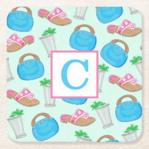 Derby Mint Julep Preppy Monogram Square Paper Coaster