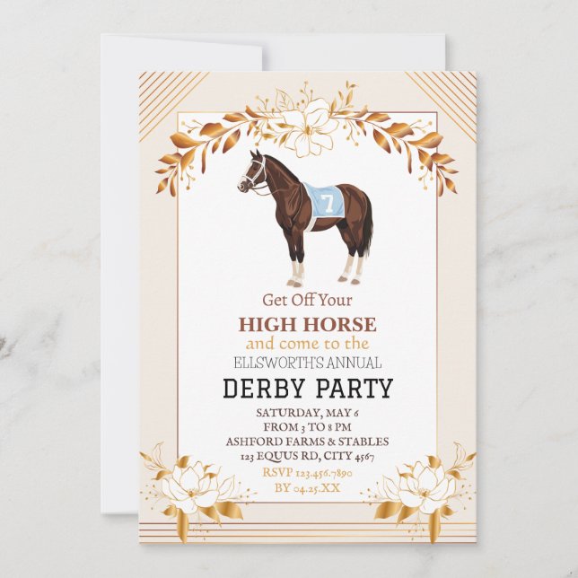Derby Party Invitation Horse Racing Elegant Gold F (Front)