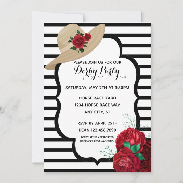 Derby Party Red Roses Stripes Racehorse Invitation (Devant)