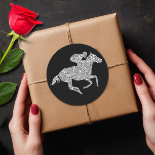 Derby Silver Racehorse on Black Classic Round Sticker