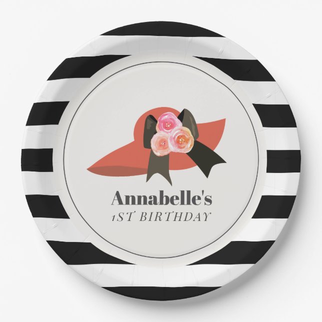 Derby Style Big Red Hat Rose 1st Birthday Paper Plate (Front)