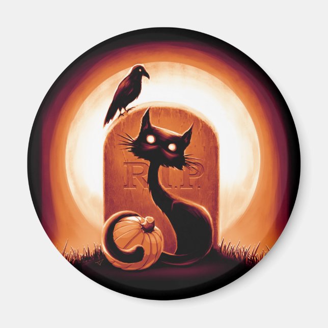 Derpy Halloween Cat by a Tombstone Magnet (Front)