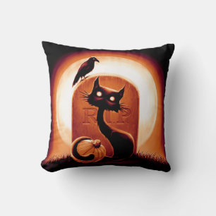 Derpy Halloween Cat by a Tombstone Throw Pillow