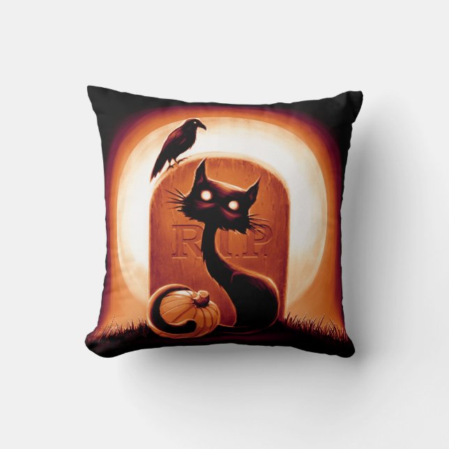 Derpy Halloween Cat by a Tombstone Throw Pillow (Front)