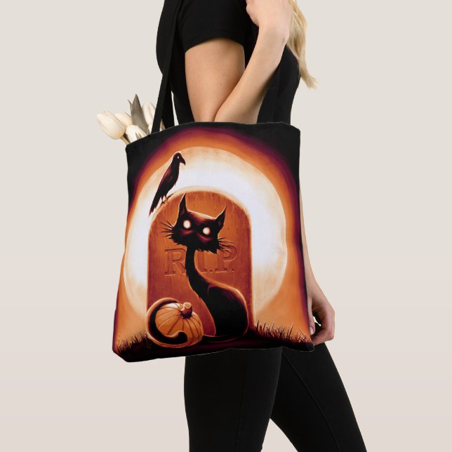 Derpy Halloween Cat by a Tombstone Tote Bag (Close Up)