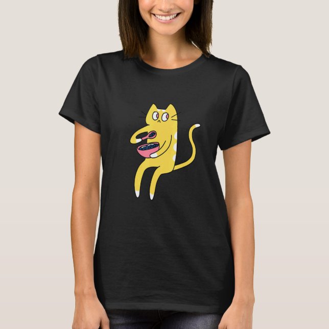 Derpy Kitty Yellow and White Cat Eating Cereal T-Shirt (Front)