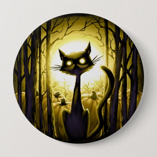 Derpy Little Halloween Cat in a Pumpkin Patch 4 Inch Round Button (Front)