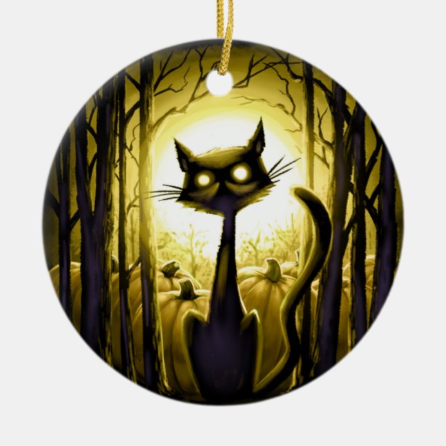 Derpy Little Halloween Cat in a Pumpkin Patch Ceramic Ornament (Front)
