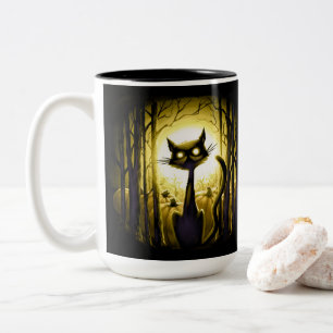 Derpy Little Halloween Cat in a Pumpkin Patch Two-Tone Coffee Mug