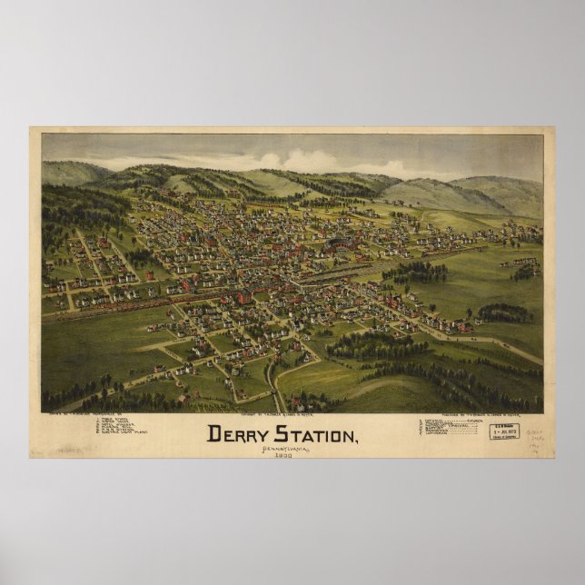 Derry Pennsylvania 1900 Antique Panoramic Map Poster (Front)