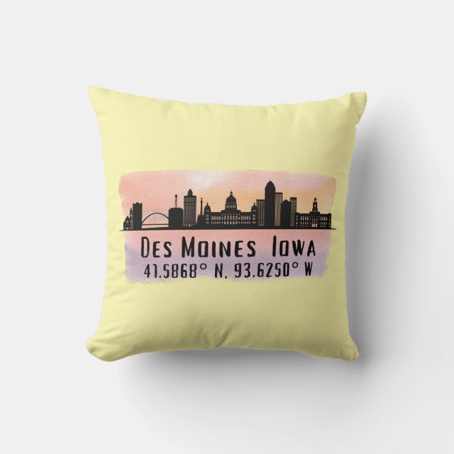 Des Moines IA City Skyline Latitude and Longitude  Throw Pillow (Front)