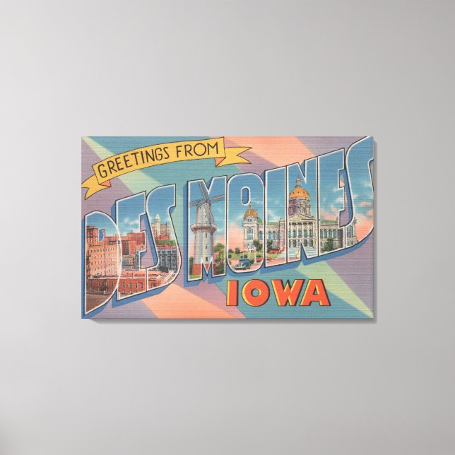 Des Moines, Iowa - Large Letter Scenes 3 Canvas Print (Front)