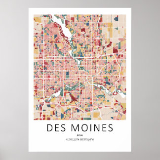 Des Moines Iowa Map Poster | Modern City Wall Art