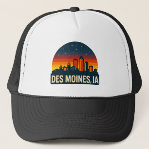 Des Moines Iowa Skyline Retro Sunset Cityscape Trucker Hat