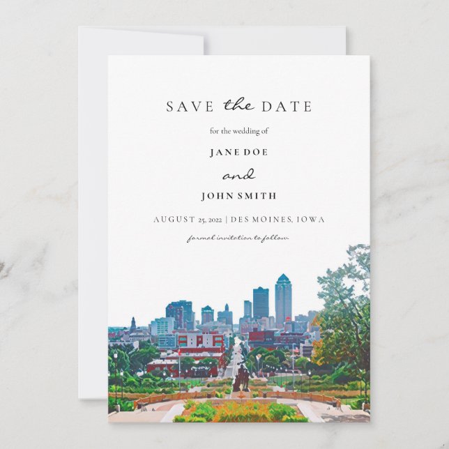 Des Moines Skyline flat Save The Date Card (Front)