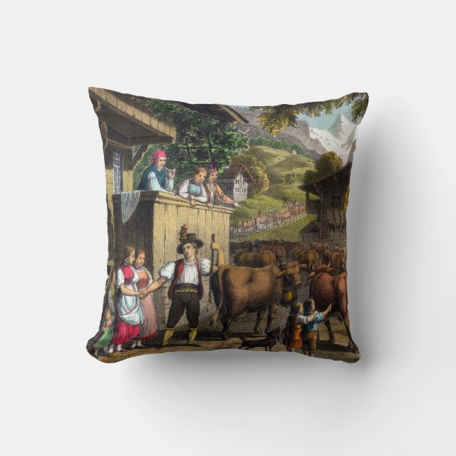 Desalpe or Poya Traditional Swiss Cows Alpine Throw Pillow (Front)