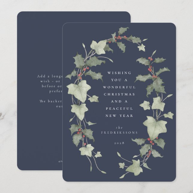 Desaturated Blue Watercolor Holly & Ivy Holiday Card (Front/Back)