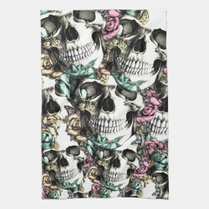 Descending rose skulls with butterflies. kitchen towel