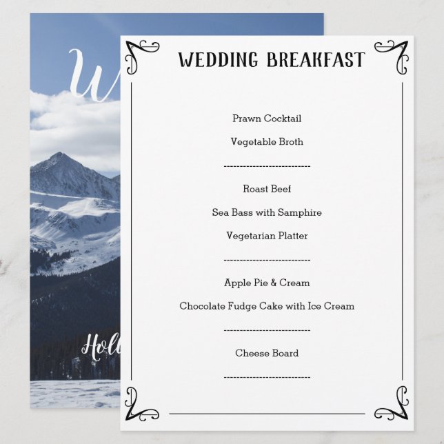 Description spéciale du menu de mariage. (Devant / Derrière)