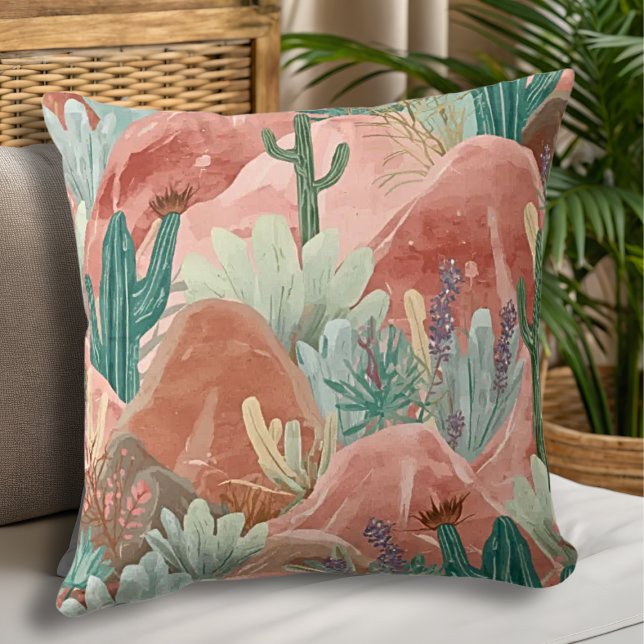 Desert Bloom Canyon Watercolor Landscape Throw Pillow (Blush canyon pillow with watercolor cacti, soft sage greens, and dreamy desert sunset tones.)