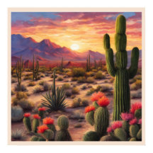 Desert Blooming Cactus Colourful Sunrise Art