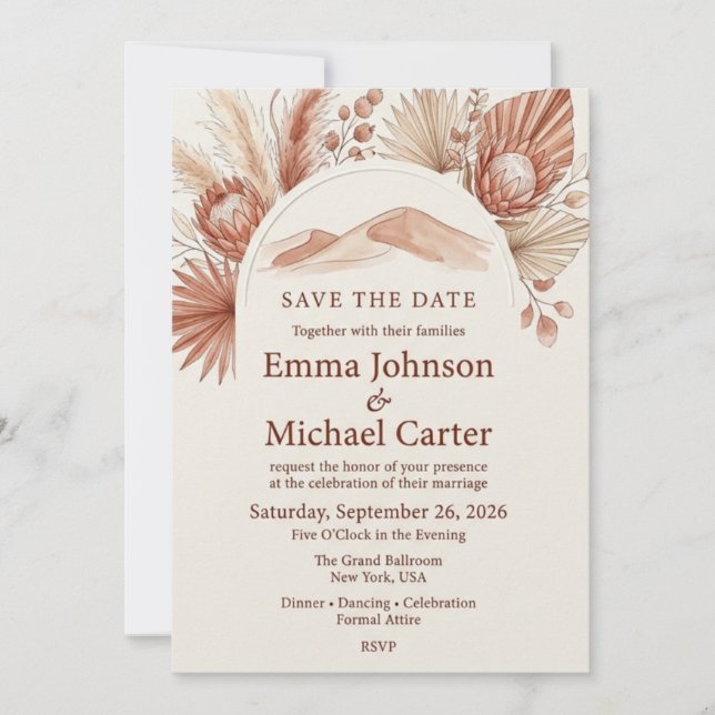 Desert Boho Terracotta Protea and Pampas Grass  Invitation (Front)
