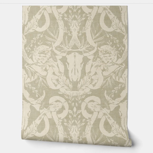 Desert Botanical Damask - Masculine - Sage Linen Wallpaper (Unrolling)
