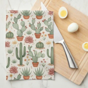 Desert Cacti Succulent Seamless Pattern Kitchen Towel