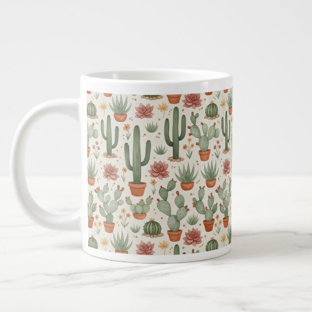 Desert Cacti Succulent Seamless Pattern Large Coffee Mug (Left)