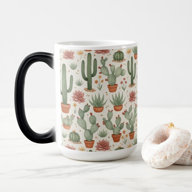 Desert Cacti Succulent Seamless Pattern Magic Mug (With Donut)