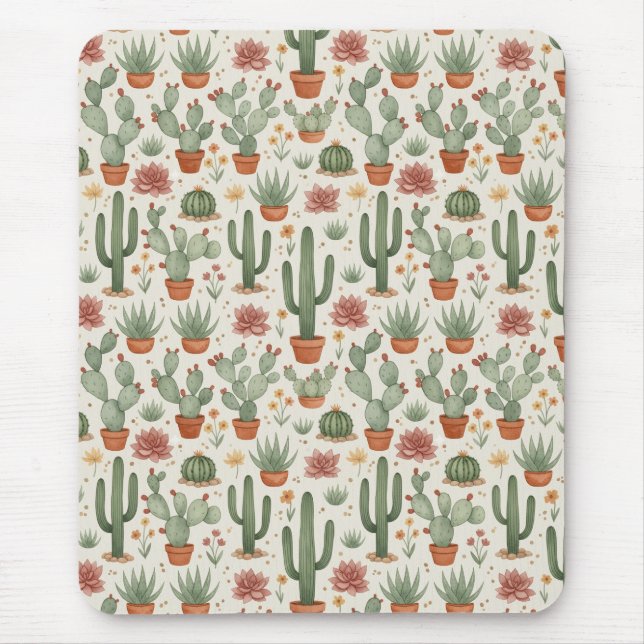 Desert Cacti Succulent Seamless Pattern Mouse Pad (Front)