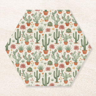 Desert Cacti Succulent Seamless Pattern Paper Coaster