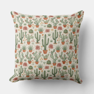 Desert Cacti Succulent Seamless Pattern Throw Pillow