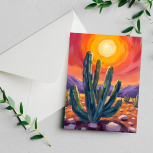 Desert Cacti Sunset Nature Landscape Painting Card