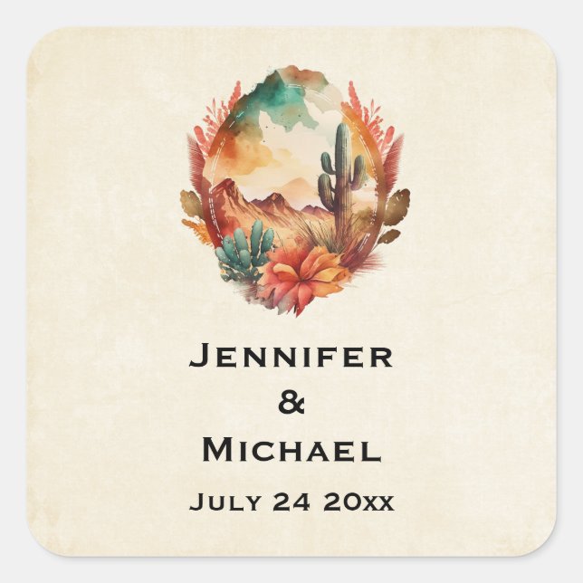 Desert Cactus and Mountains Save the Date Square Sticker (Front)