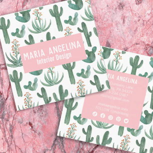 Desert Cactus and Succulents Watercolor Design  Square Business Card