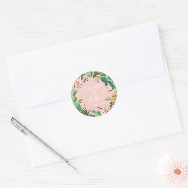 Desert Cactus Bloom Personalized Wedding Classic Round Sticker (Envelope)