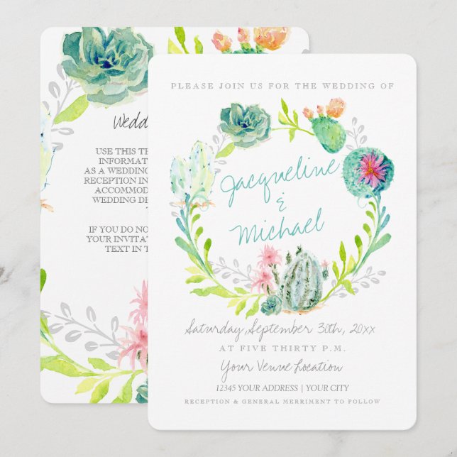 Desert Cactus Flower Succulent Watercolor Details Invitation (Front/Back)